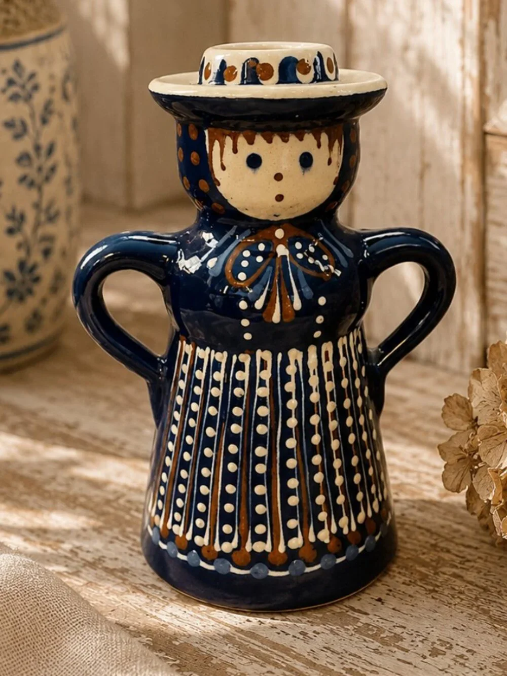 Polish Pottery Hand Painted Woman Figurine Candle Holder